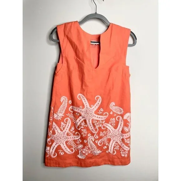 Maeve Orange Starfish Embroidered Linen Tunic Mini Dress Lined US 2 EU 34  NEW